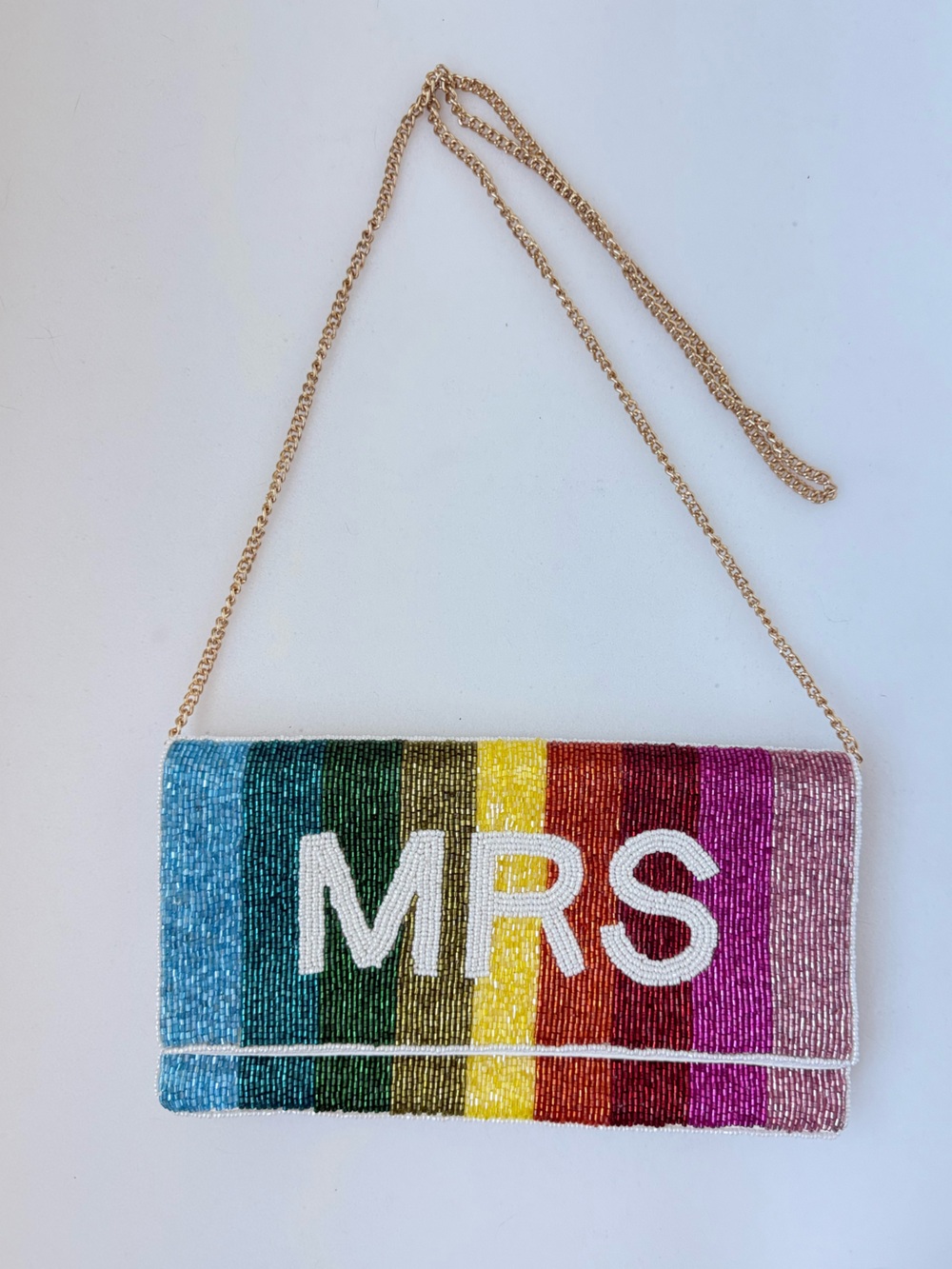 MRS Bride Rainbow Striped Beaded Crossbody Clutch Purse Made In India Gold Chain